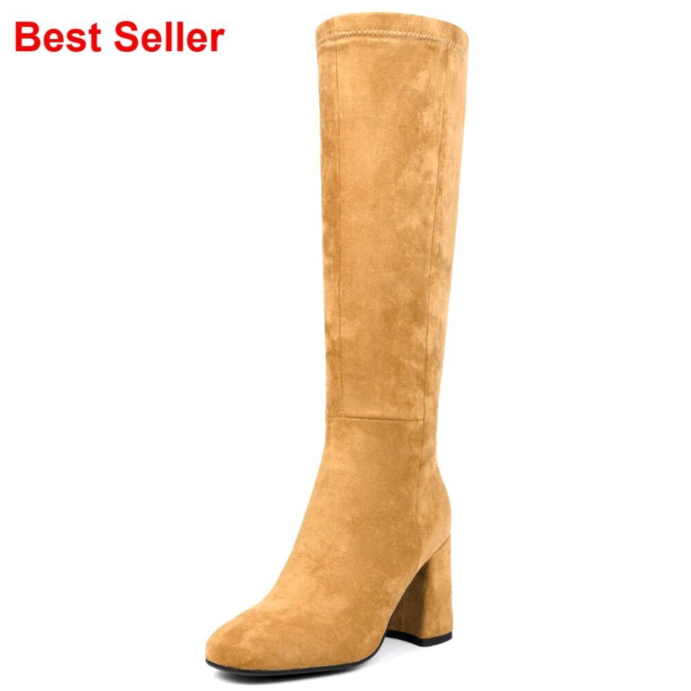 Women's Knee High Boots Faux Leather Square Toe Chunky Heel Side Zip